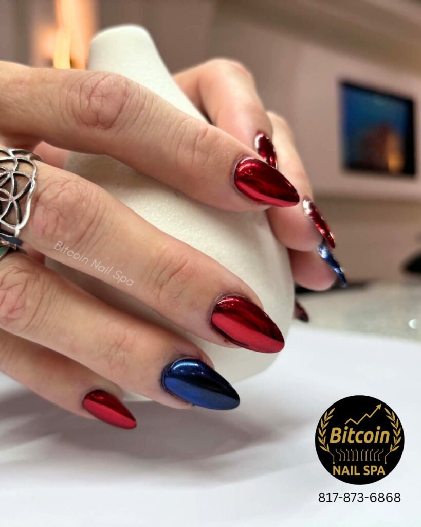 Home chrome red blue almond nails bitcoin nail spa grapevine tx 2